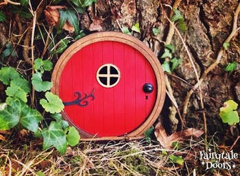 a close-up of the red circular door mounted on a tree