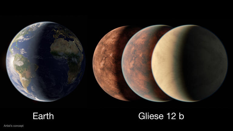 Gliese 12 b's estimated size may be as large as Earth or slightly smaller—comparable to Venus in our solar system. This artist's concept compares Earth with different possible Gliese 12 b interpretations, from one with no atmosphere to one with a thick Venus-like one. Follow-up observations with NASA's James Webb Space Telescope could help determine just how much atmosphere the planet retains as well as its composition. Credit: NASA/JPL-Caltech/R. Hurt (Caltech-IPAC)