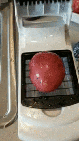Reviewer putting a potato on a flip top lid cutter and bringing the lid down to chop it into pieces