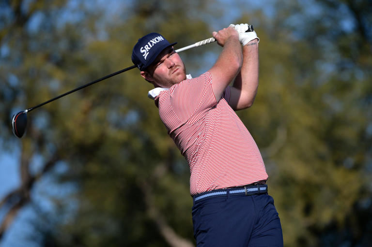 Grayson Murray plays his shot from the ninth tee during the first round of The American Express golf tournament on the Stadium Course at PGA West. Mandatory Credit: Orlando Ramirez-USA TODAY Sports