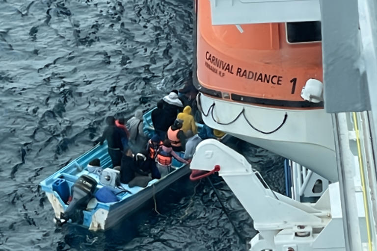 Rescue personnel with the cruise ship Carnival Radiance rescued 25 people from a small boat off the Pacific coast of Mexico after responding to a call from the U.S. Coast Guard on May 25, 2024. (Carnival Cruise Line)