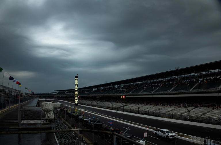 Thunderstorms delay the start of the 108th running of the Indy 500 at Indianapolis Motor Speedway.