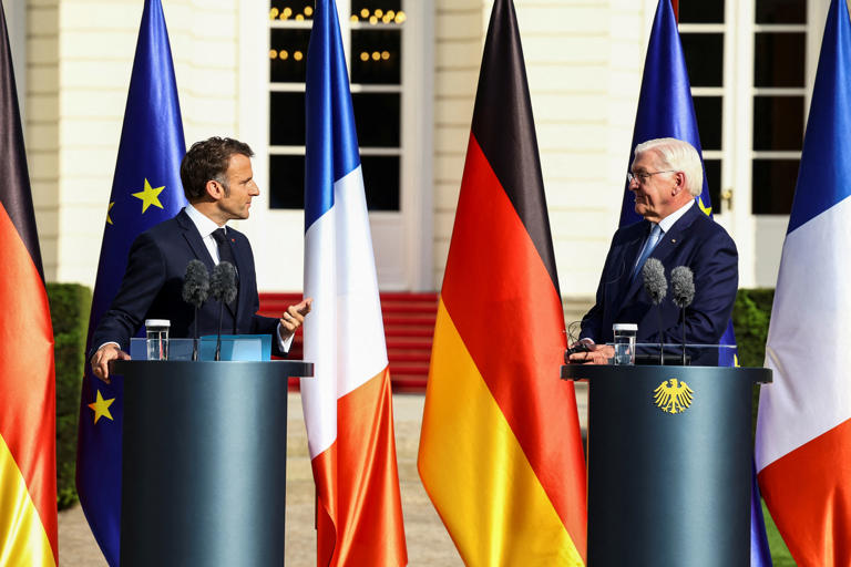 German President Frank-Walter Steinmeier and French President Emmanuel Macron speak to the press, in Berlin, Germany [Liesa Johannssen/Reuters]