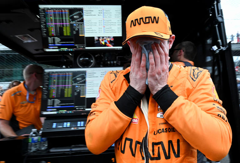 Arrow McLaren driver Pato O'Ward (5) reacts after finishing second Sunday, May 26, 2024, in the 108th running of the Indianapolis 500 at Indianapolis Motor Speedway.