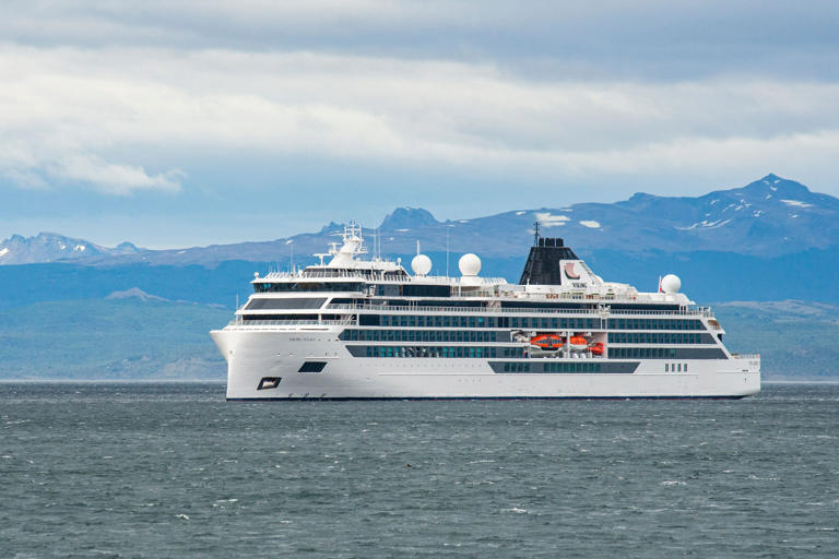 The Viking Polaris ship is seen anchored in waters of the Atlantic Ocean in Ushuaia, southern Argentina, on Dec. 1, 2022.