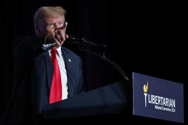 Former U.S. President and Republican presidential candidate Donald Trump addresses the Libertarian Party National Convention at the Washington Hilton on May 25, 2024 in Washington, D.C. (Photo by Chip Somodevilla/Getty Images)