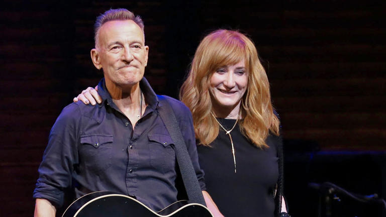 NEW YORK, NEW YORK - JUNE 26: Bruce Springsteen and Patti Scialfa take a bow during reopening night of "Springsteen on Broadway" for a full-capacity, vaccinated audience at St. James Theatre on June 26, 2021 in New York City. This is the first full capacity Broadway performance since the COVID-19 pandemic shuttered Broadway in March of 2020. (Photo by Taylor Hill/Getty Images)