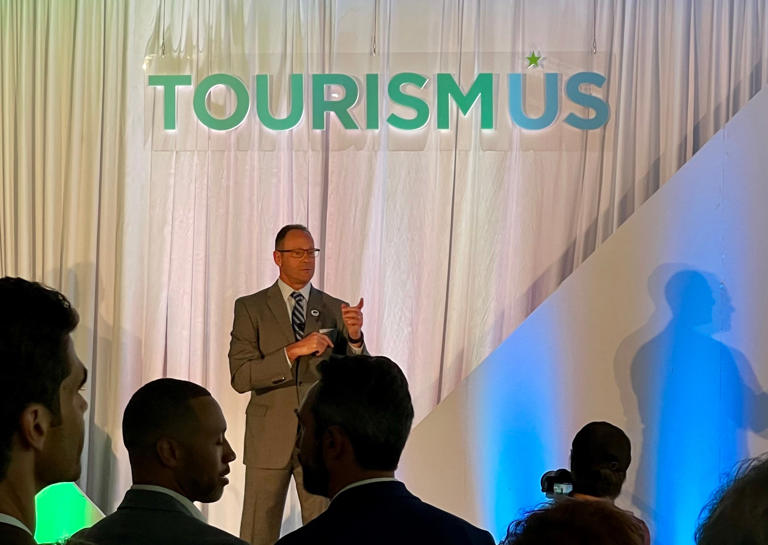 Brian Ross, President and CEO of Experience Columbus, discusses the new 'yes, Columbus' tourism campaign during the TourismUS meeting at the Columbus Museum of Art.