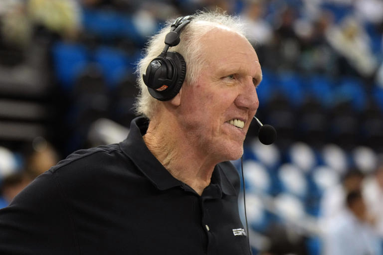 Bill Walton broadcasting for ESPN during a college basketball game between the UCLA Bruins and Maryland Terrapins at Pauley Pavilion in Los Angeles in 2023.