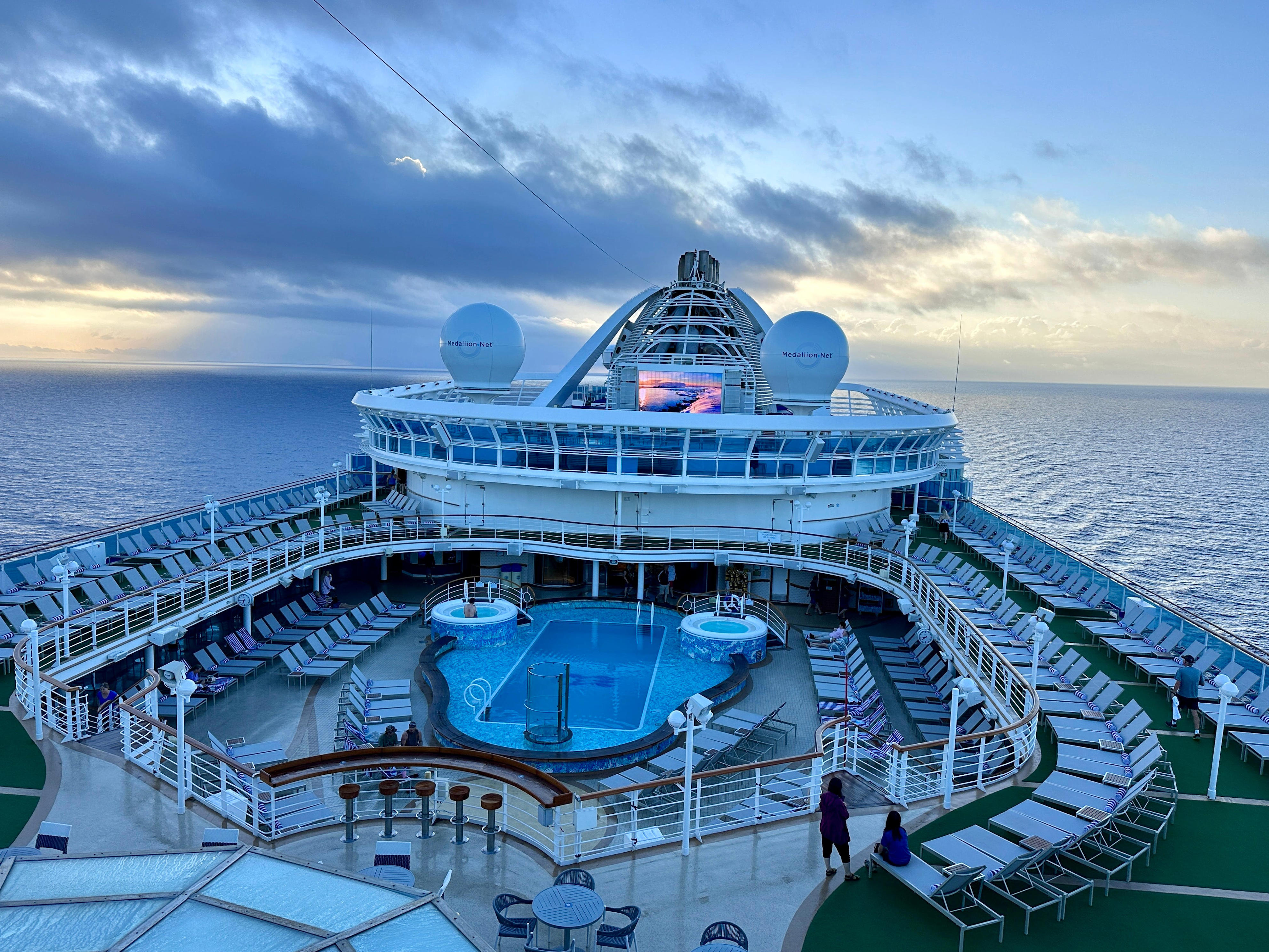 <p>I've found the two times when a ship's decks are virtually empty are early in the morning and late in the evening.</p><p>For most of the day, the busy main pool decks of the Caribbean Princess were full of revelers enjoying the spring-break sunshine, but in the morning and evening, things were much quieter.</p><p>Not having to fight the crowds to get a chair on the pool deck makes for a relaxing time of watching the ocean or reading a book quietly.</p>