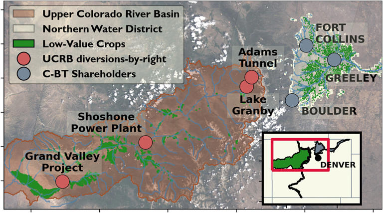 Colorado-Big Thompson (C-BT) project transbasin diversions from the Upper Colorado River Basin (UCRB) to their Front Range service area via the Adams Tunnel and Lake Granby. Credit: Earth's Future (2024). DOI: 10.1029/2023EF003739
