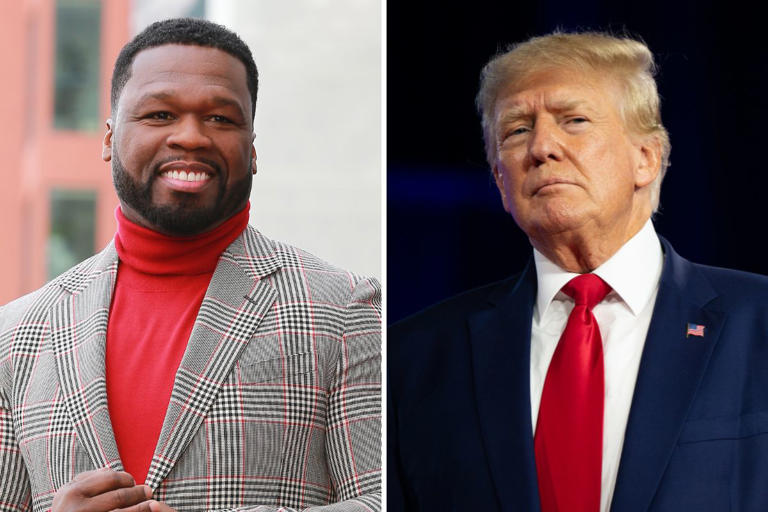 Curtis "50 Cent" Jackson on January 30, 2020 in Hollywood, California, and Donald Trump on August 6, 2022 in Dallas, Texas. 50 Cent's post about the former president has gone viral online.