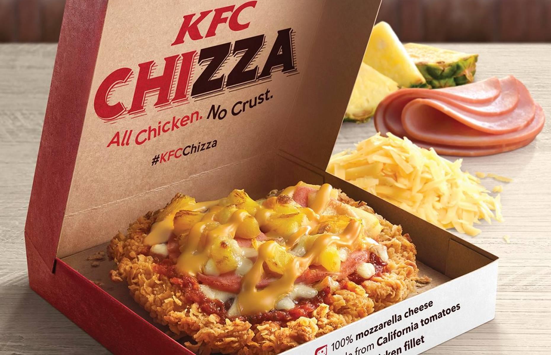 <p>Not the first time the chain has replaced carbs with fried chicken, Chizza is, of course, a twist on pizza. The base is a round, flat piece of Original Recipe fried chicken topped with tomato sauce, cheese and various other ingredients such as pepperoni, peppers, ham and pineapple. It was initially introduced in the Philippines in 2015 and subsequently made short appearances in Thailand, South Korea, Taiwan, Singapore, Japan and the UK.</p>
