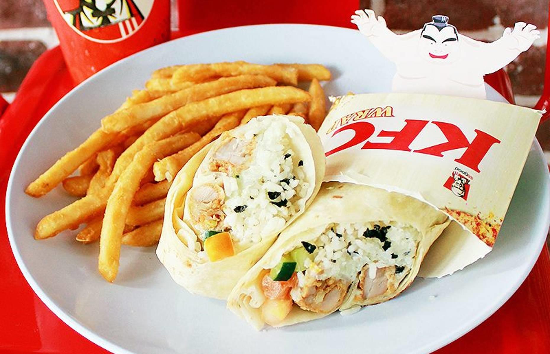<p>The Wasabi Rice Wrap was a toasted tortilla wrap encompassing savory seaweed rice, spicy wasabi mayo, crunchy cucumber strips, diced tomato and crispy chicken. Available for a limited time at KFC in Malaysia in 2016, the rule-breaking on-the-go meal was targeted at the younger generations.</p>