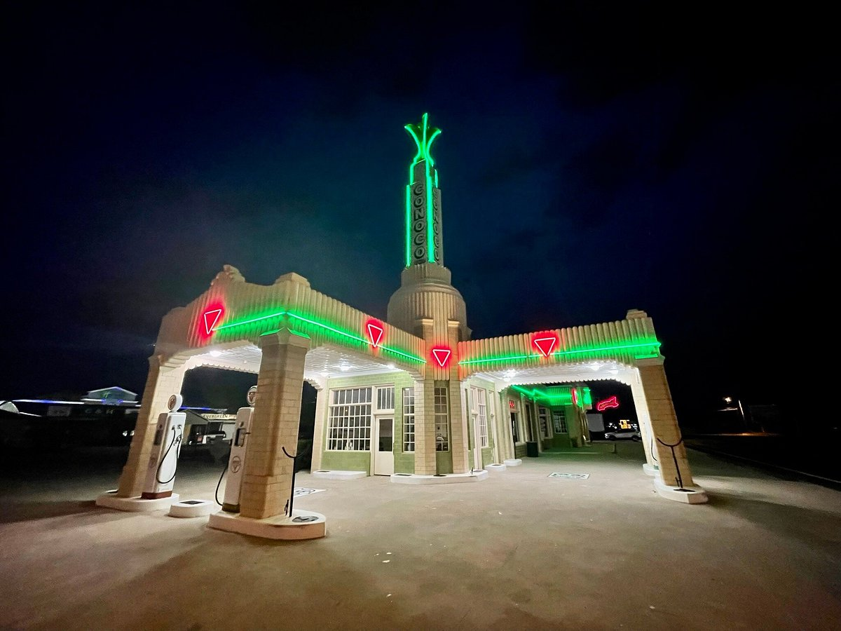 <p><b>Shamrock, TX</b></p><p>One of the most striking and iconic buildings on Route 66, Tower Station and the U-Drop Inn were built in 1936 in Art Deco style. It was a Conoco station, and you can see the name still on one of its towers. The U-Drop Inn, which was <a href="https://www.nps.gov/places/tower-station-and-u-drop-inn-cafe.htm">named by a local boy in a contest</a>, was a cafe. It's now used as a visitors and community center. </p>