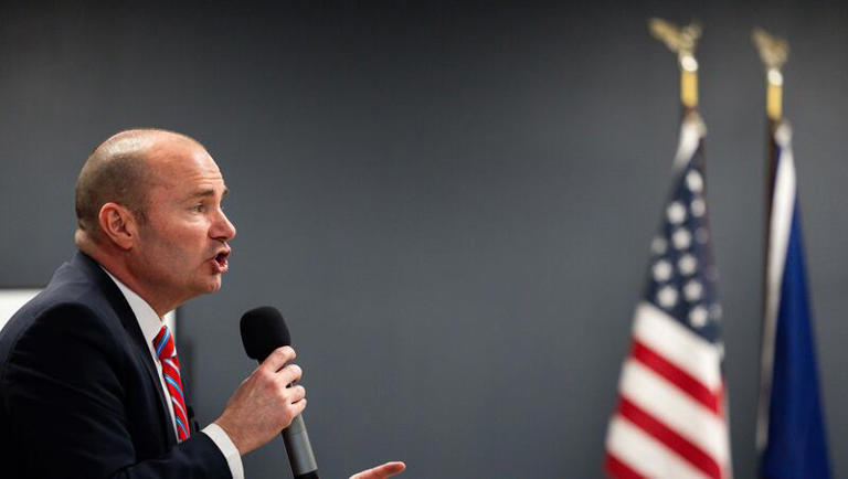 Sen. Mike Lee speaks at a town hall for U.S. Senate candidate Carolyn Phippen at Kimber Academy in Lindon, Utah, on April 5, 2024. Republican figures, including Lee, attended El Salvador president's inauguration.