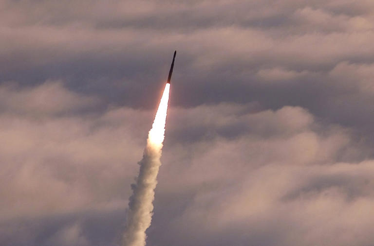 This illustrative image from 2002 shows an unarmed Minuteman II intercontinental ballistic missile launches from Vandenberg Air Force Base, California. An unarmed Minuteman III ICBM was launched from the base on June 4, 2024.