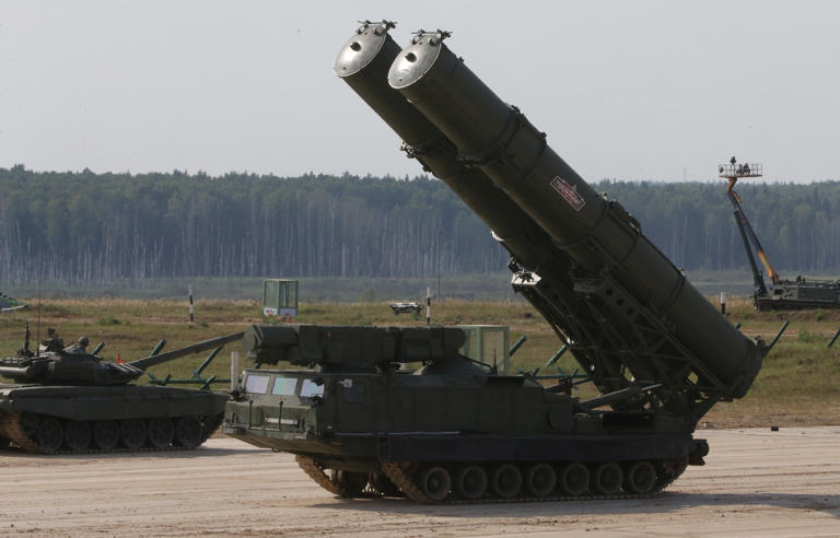 A Russian anti-aircraft missile launcher S-300V operates during a show at the International Military Technical Forum 'Army 2022' on August 17, 2022 in Patriot Park, outside of Moscow, Russia. Russian pro-war military bloggers are urging President Vladimir Putin to fix his country’s air defenses.