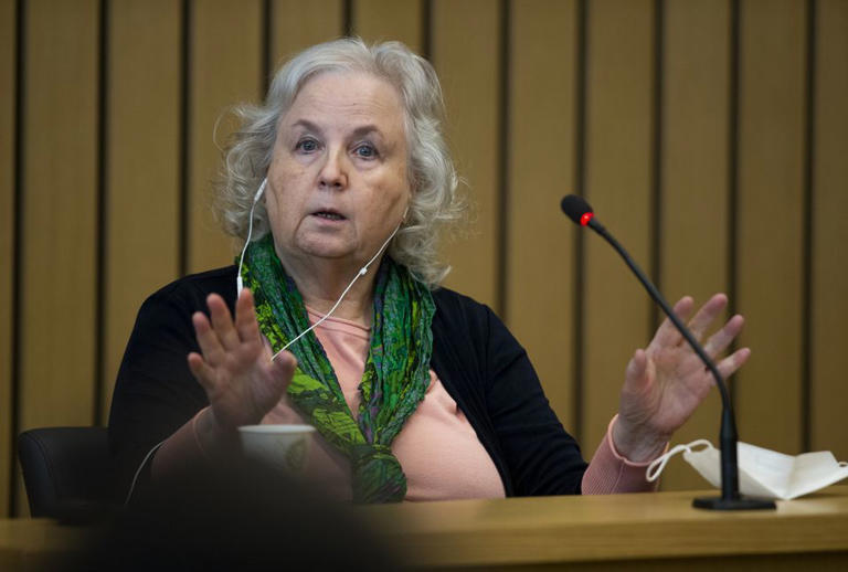 Nancy Crampton Brophy is shown during cross-examination at her trial in Portland on May 17, 2022.