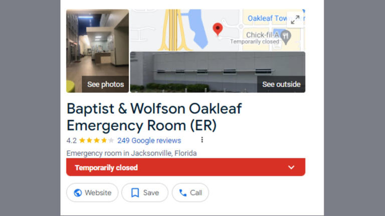 Google Maps entry shows Baptist Oakleaf ER is temporarily closed