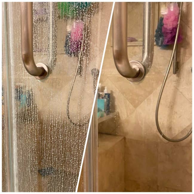 Reviewer image of stained shower door vs clean shower door