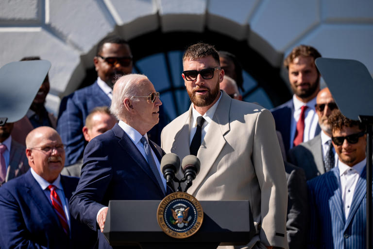 President Joe Biden invites Travis Kelce to speak on the South Lawn of the White House on May 31, 2024. in Washington, DC. Kelce has revealed why he made a remark about being tased by the Secret Service.