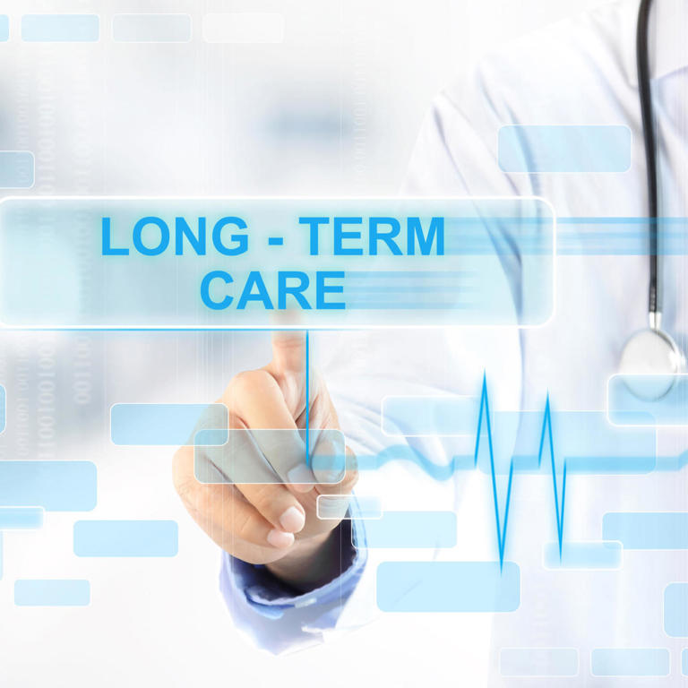 Doctor touching LONG - TERM CARE sign on virtual screen