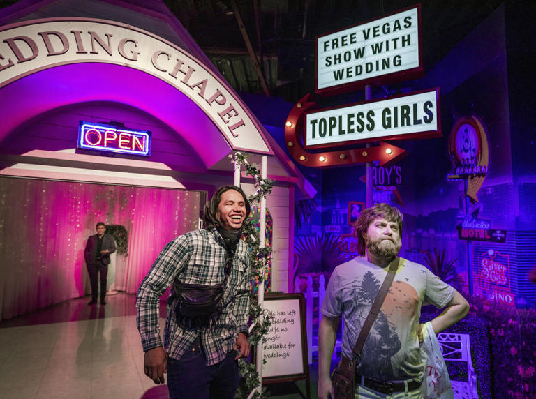 Adelwis Teran of Nashville tours the Hangover suit during a tour of Madame Tussauds Las Vegas wax museum located in the Las Vegas Strip at The Venetian, on Thursday, July 9, 2020.