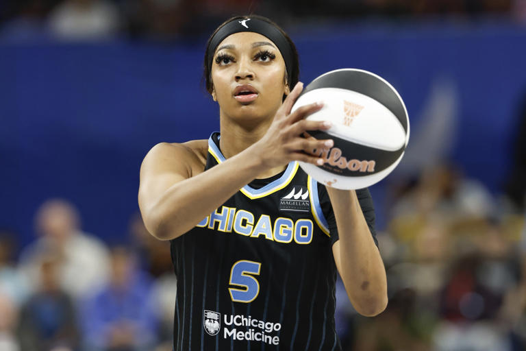 Jun 4, 2024; Chicago, Illinois, USA; Chicago Sky forward Angel Reese (5) shoots a free throw against the New York Liberty during the second half of a WNBA game at Wintrust Arena. Kamil Krzaczynski-USA TODAY Sports