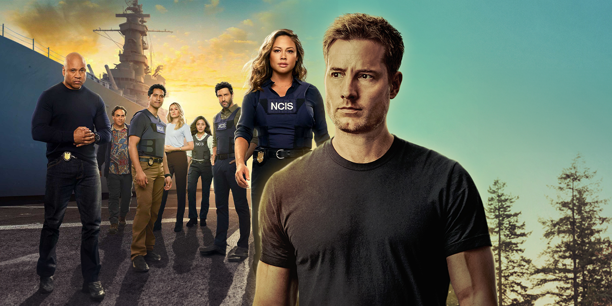 A custom image featuring a close up of Justin Hartley overlayed on the cast of NCIS: Hawai'i