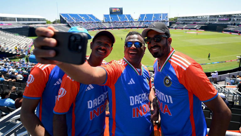 India cricket fans pose for a selfie during a Men's T20 World Cup warm-up match in New York, on June 1.