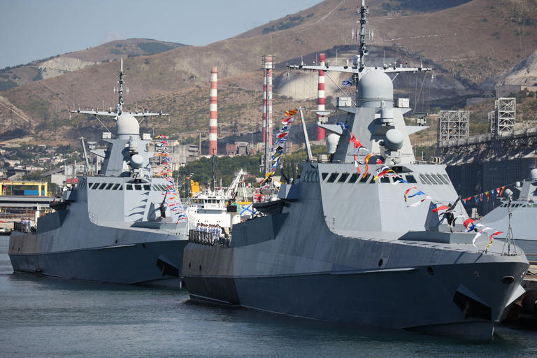 Russia's Black Sea Fleet warships take part in the Navy Day celebrations in the port city of Novorossiysk on July 30, 2023. New imagery appears to show vessels with Russia's Black Sea Fleet have left the country's Novorossiysk base, after Moscow relocated its ships further east in the Black Sea to shield its fleet from persistent Ukrainian attacks.