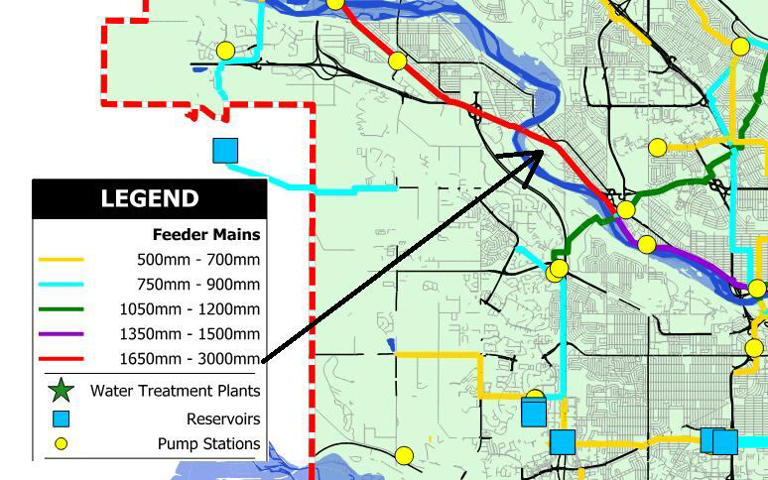This City of Calgary map shows the main feeder line, indicated in red, running through the neighbourhoods of Montgomery and Bowness. The city says it was a main feeder line in the area that burst Wednesday night. (City of Calgary)