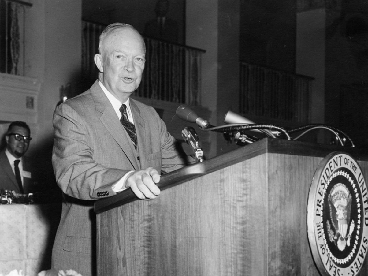 <p>Dwight D. Eisenhower's 1953 speech "Chance for Peace" condemned excessive military spending during the Cold War, stressing its ethical and financial impacts on society. It influenced global discussions on defense funding, advocating for resources to combat poverty instead.</p>