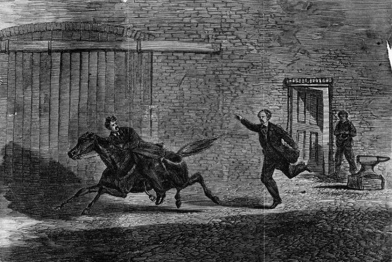 <p>The series of shocking events set the entire theater into complete chaos, with some audience members thinking the disturbance was all part of the act.</p> <p>In the confusion, Booth ran across the stage to an exit door, slashing orchestra leader William Withers Jr. on his way out. He escaped from the theater, mounted a waiting getaway horse, and disappeared into the night. A massive manhunt was soon underway for the assassin.</p>
