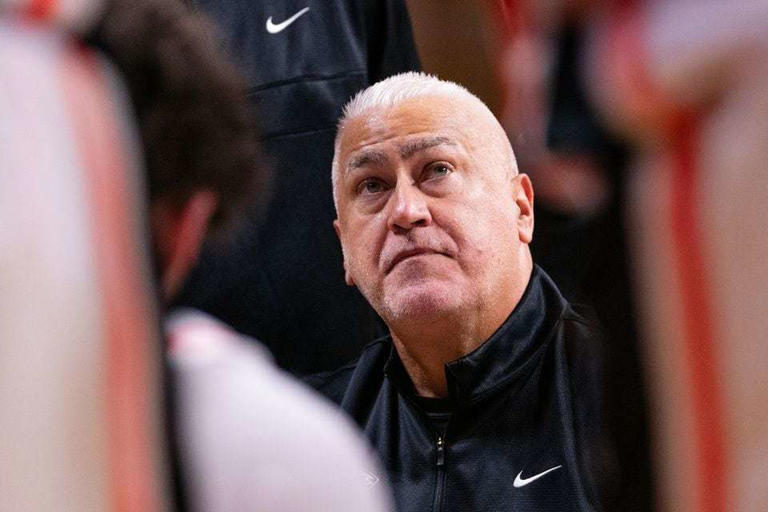 Coach Wayne Tinkle of the Oregon State Beavers looks up towards his team during a timeout in the exhibition basketball game against the Southern Oregon Raiders on Sunday, Oct. 29, 2023, at Gill Coliseum in Corvallis.