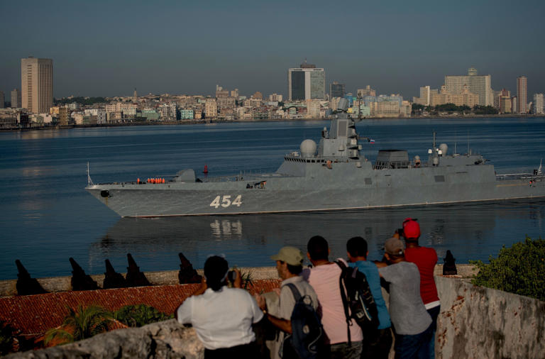 FILE - Russian Navy Admiral Gorshkov frigate arrives at the port of Havana, Cuba, June 24, 2019. Cuban officials announced on June 6, 2024, that four Russian warships, including the Gorshkov, will arrive in Havana starting June 12. (AP Photo/Ramon Espinosa, File)