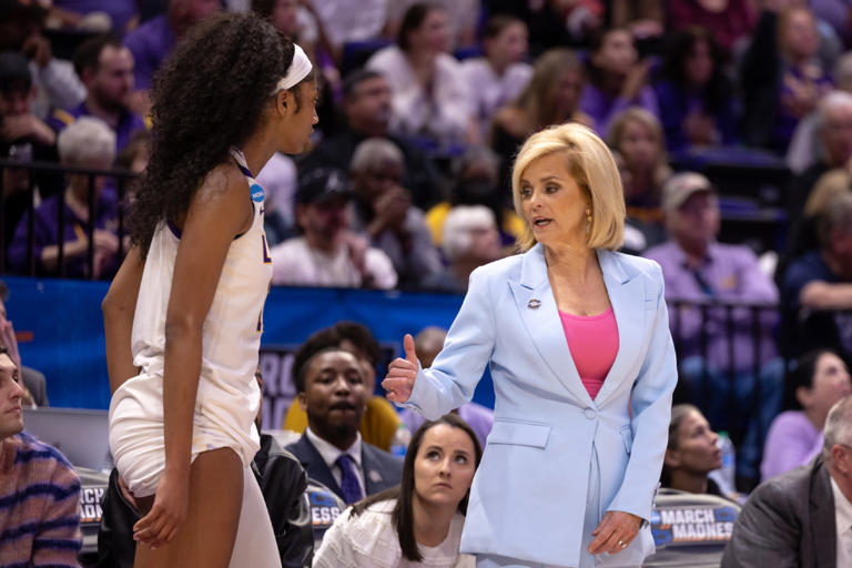 LSU Lady Tigers head coach Kim Mulkey sends forward Angel Reese (10) back into the game against the Rice Owls during the second half at Pete Maravich Assembly Center. Stephen Lew-USA TODAY Sports