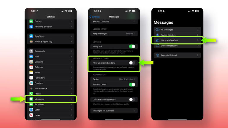 To filter out messages from numbers you don't know, head to the Settings page and follow the instructions to create an inbox-style filtering system of your Messages. Viva Tung/CNET