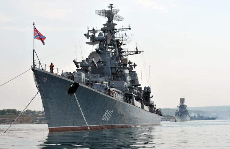 Russian vessels are pictured at anchor in the bay of Sevastopol, the main base of Russian Black Sea Fleet, on May 8, 2010. Russia's full-scale invasion of Ukraine has seen the Black Sea Fleet mauled by repeated long-range strikes.