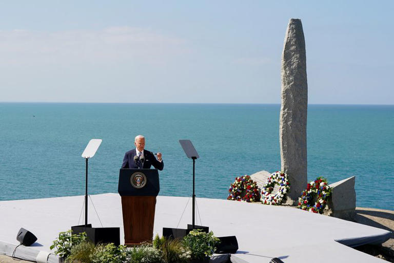U.S. President Joe Biden delivers remarks at the World War II Pointe du Hoc Ranger Monument following the 80th anniversary of the 1944 D-Day landings in Cricqueville-en-Bessin, Normandy, France, June 7, 2024. REUTERS/Elizabeth Frantz