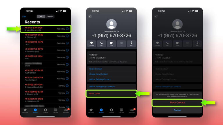 When blocking individual numbers, it's easiest to navigate from the Recent calls tab to identify which number you want to block -- but you can also block it from Messages, Contacts and other ways. Viva Tung/CNET