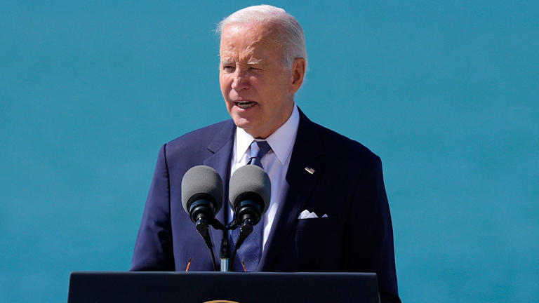 Biden delivers a speech on the legacy of Pointe du Hoc, and democracy around the world, on Friday, June 7, as he stands next to the Pointe du Hoc monument in Normandy, France. Associated Press