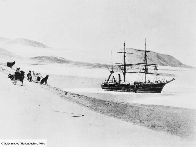 Un attelage de chiens près du navire "RRS Discovery" de l'expédition nationale britannique en Antarctique ("expédition Discovery"), vers 1903.