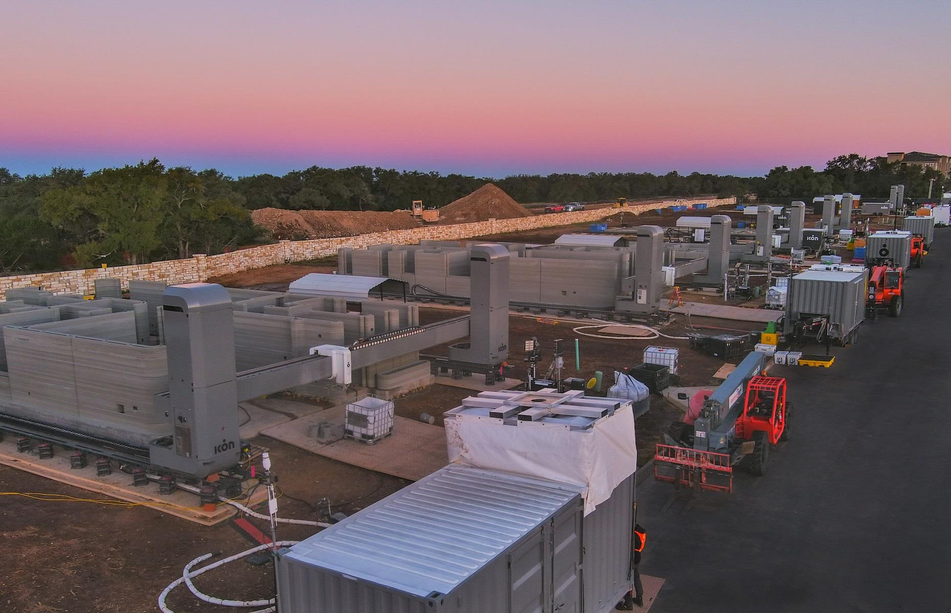 <p>This amazing photo shows how each property is being 3D-printed on-site in Georgetown, Texas, using ICON's Vulcan construction system and Lavacrete formula, a cement-based mix invented by the company. Combined with insulation and reinforced with steel, the structure of each home will have a high thermal mass resulting in impressive levels of energy efficiency.</p>