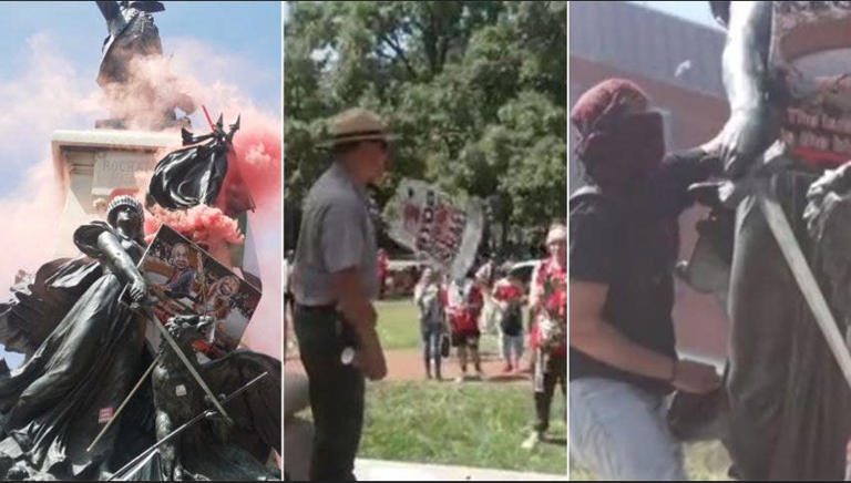 Anti-Israel protesters deface a statue near the White House, threw objects at a U.S. Park Ranger, and scaled a statue.