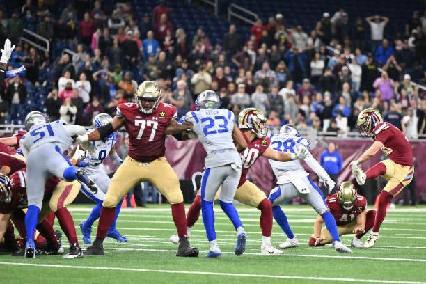 Michigan Panthers kicker Jake Bates connects on a 64-yard field goal to give the Panthers a stunning 18-16 win over the St. Louis Battlehawks at Ford Field in the United Football League season opener Saturday, March 30, 2024 in Detroit.