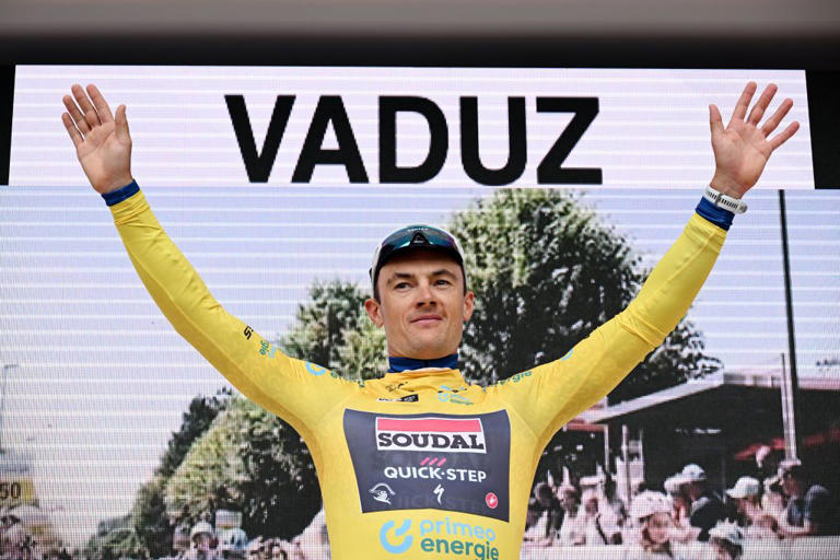 Stage 1 winner Yves Lampaert (Soudal QuickStep) takes the first leader’s jersey at the 2024 Tour de Suisse