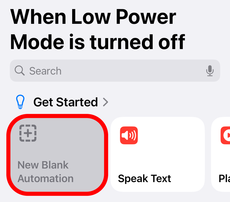 'New Blank Automation' option in Apple Shortcuts.