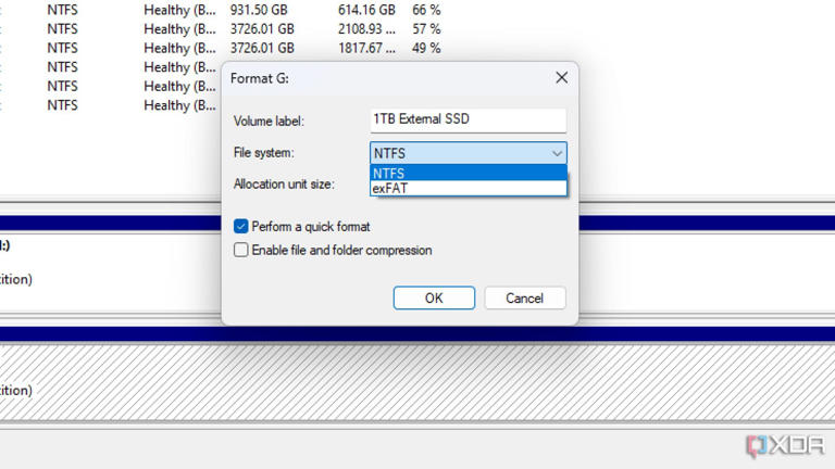 screenshot of windows disk management formatting an external drive as NTFS